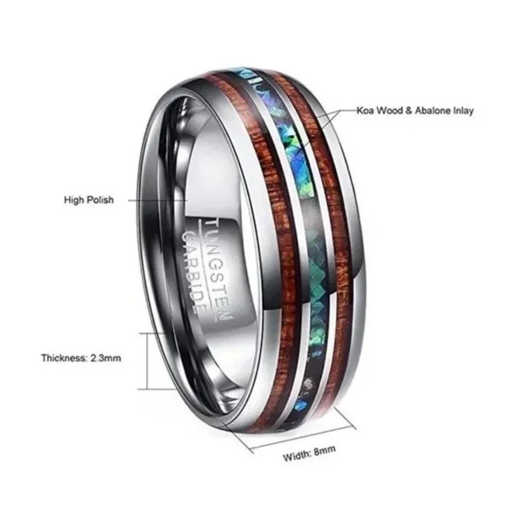 Mens Koa Wood and Abalone Shell Tungsten Carbide Wedding engagement ring